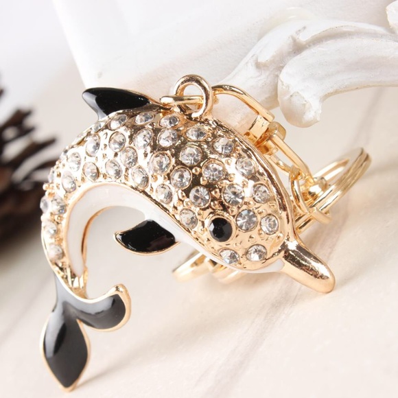 Black White & Gold Crystal Dolphin Charm Keychain - Picture 3 of 16
